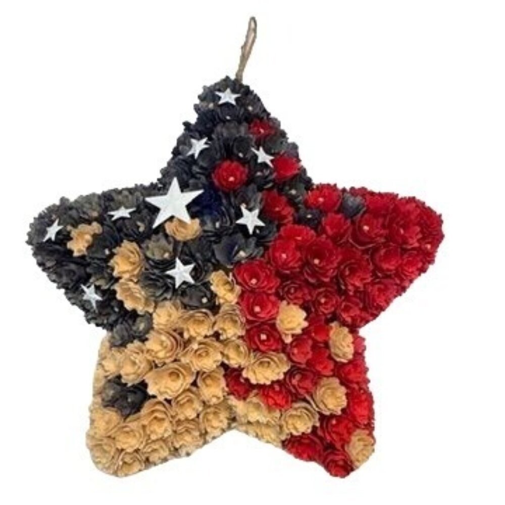 Patriotic Wall Hanging Star-Shaped Wood Flowers 3D‎ Red Blue Natural Color 18x18